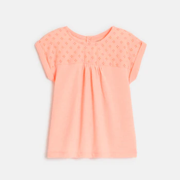 Baby girl's pink two-fabric T-shirt with broderie anglaise