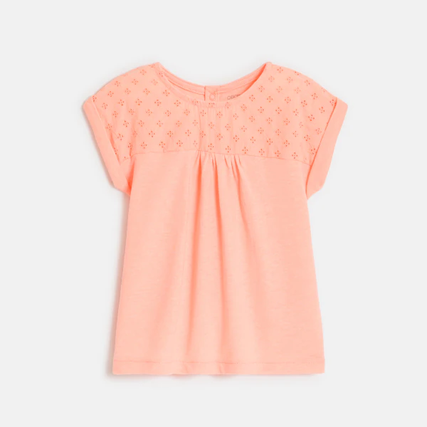 Baby girl's pink two-fabric T-shirt with broderie anglaise