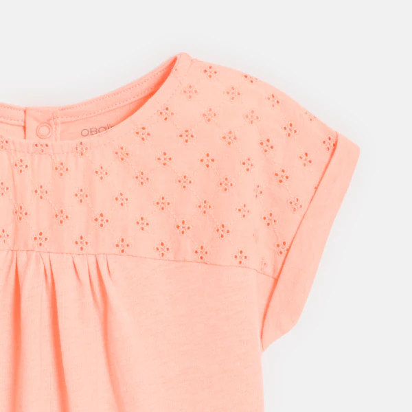 Baby girl's pink two-fabric T-shirt with broderie anglaise