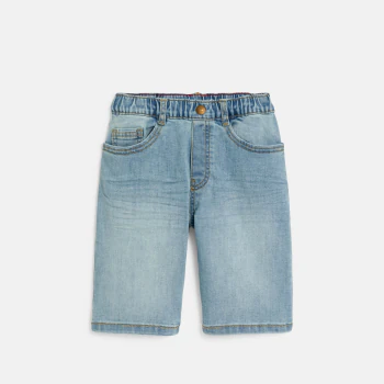 Boy's blue denim faded slim-fit Bermuda shorts