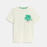 Boy's off-white T-shirt with a slogan and leaf motif on the front and back