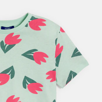 Girls' green tulip motif T-shirt