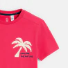 Boy's pink T-shirt with a slogan and palm tree motif on the front and back