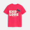 Boy's pink T-shirt with a slogan and palm tree motif on the front and back