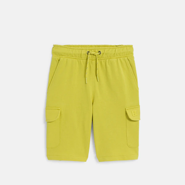 Boy's yellow cargo Bermuda shorts in brushed cotton