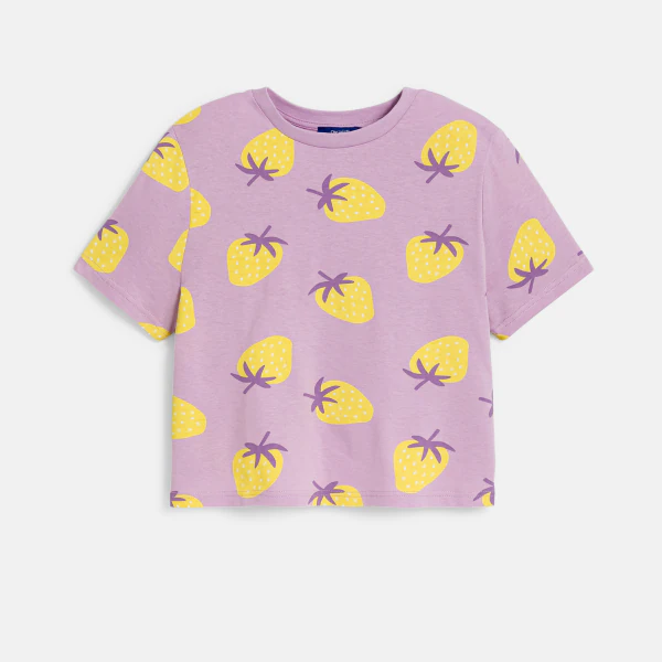 Girl's mauve strawberry motif cropped T-shirt