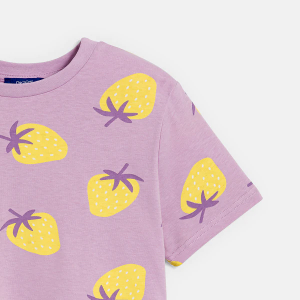 Girl's mauve strawberry motif cropped T-shirt