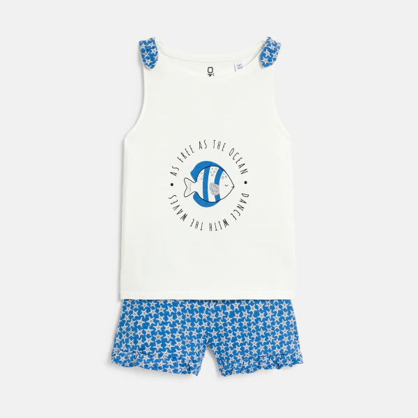 Girl's white and blue fish motif pyjama short set