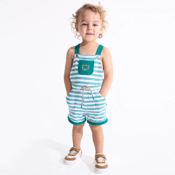 Baby boy's green striped knitted overalls