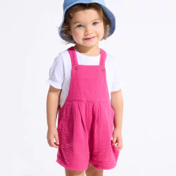 Baby girl's short pink cotton gauze dungarees