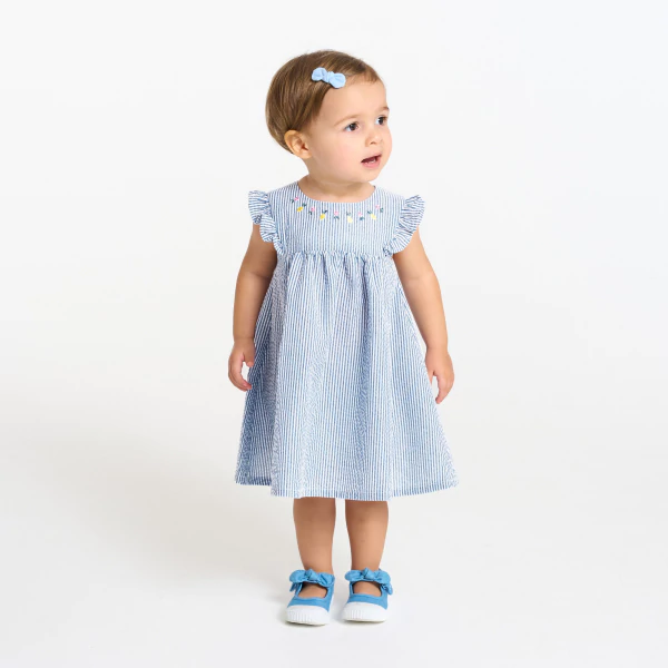 Baby girl's blue striped seersucker dress