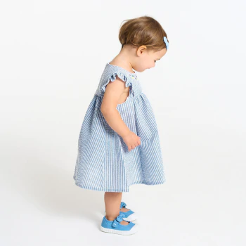 Baby girl's blue striped seersucker dress