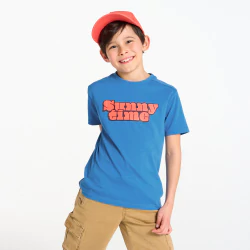 Boy's blue slogan T-shirt with short sleeves