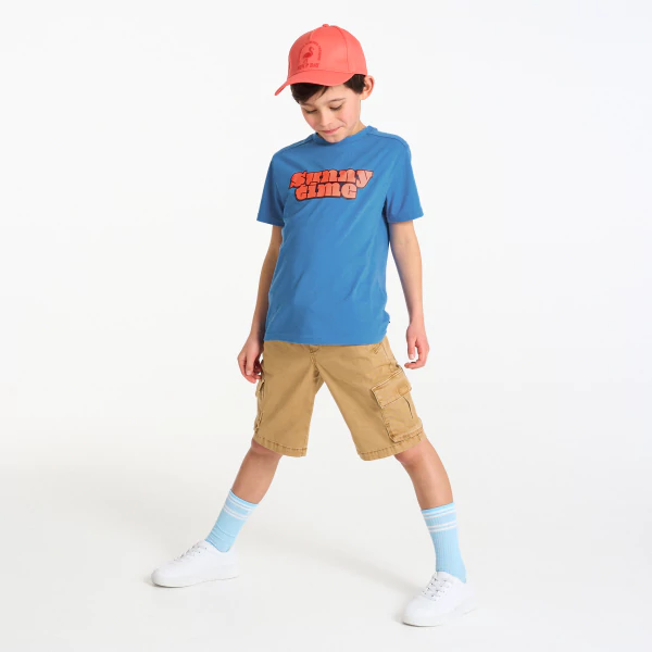 Boy's blue slogan T-shirt with short sleeves