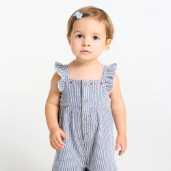 Baby girl's short blue seersucker dungarees