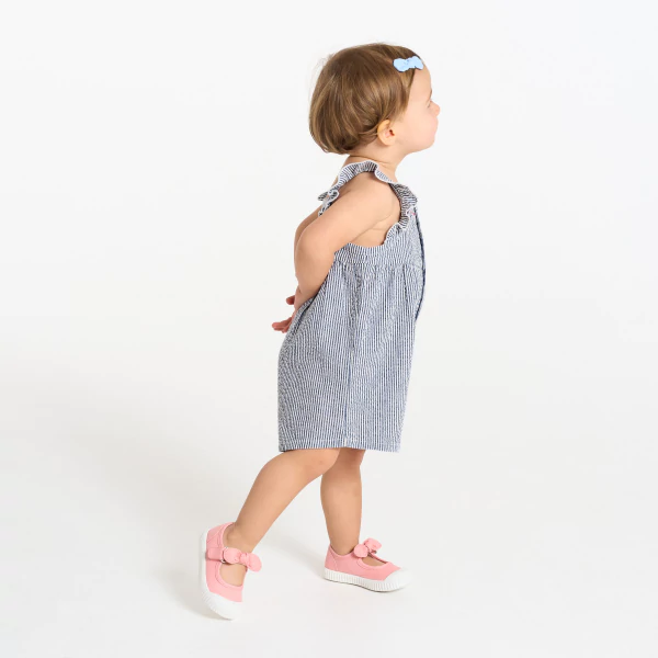 Baby girl's short blue seersucker dungarees