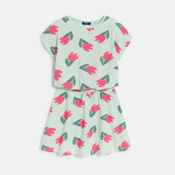 Girl's green tulip motif jersey T-shirt dress