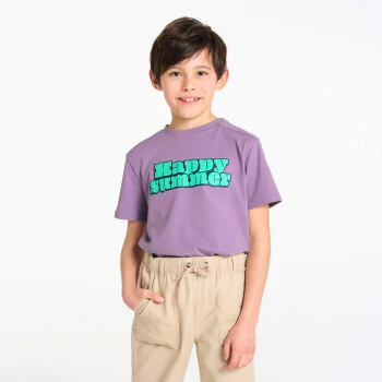 Boy's mauve slogan T-shirt with short sleeves