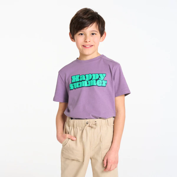 Boy's mauve slogan T-shirt with short sleeves