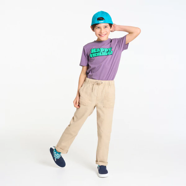 Boy's mauve slogan T-shirt with short sleeves