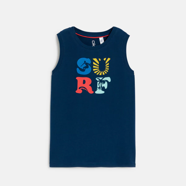 Boy's surf slogan navy blue vest top