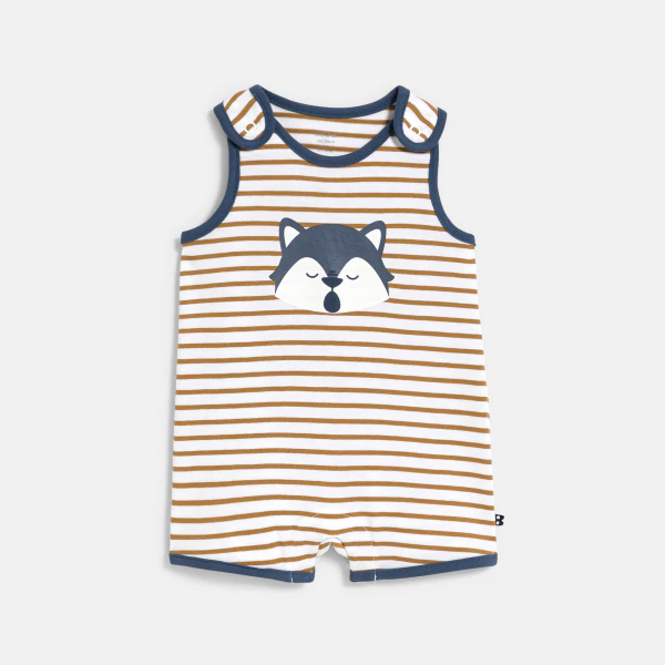 Baby boy's brown striped romper suit with braces