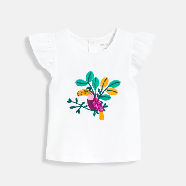 Baby girl's white ruffle sleeve toucan T-shirt