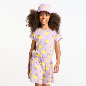 Girl's mauve strawberry motif jersey T-shirt dress