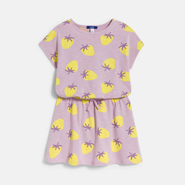 Girl's mauve strawberry motif jersey T-shirt dress