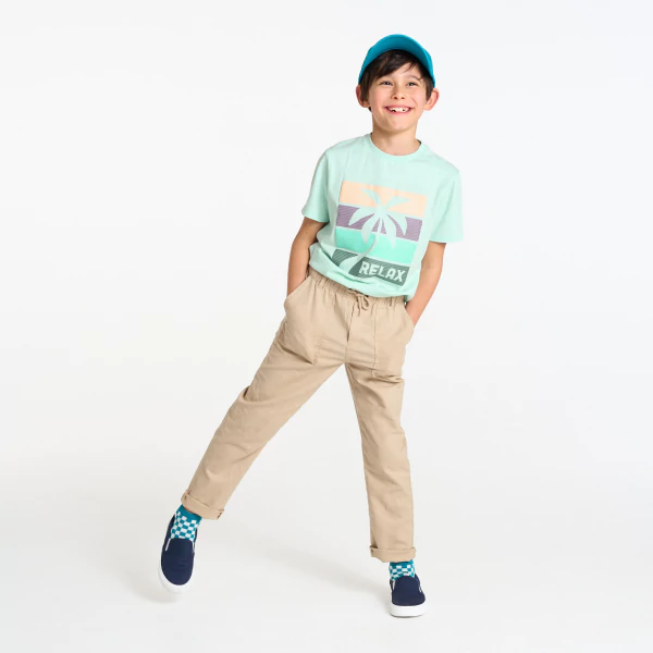 Boy's green slogan T-shirt with short sleeves