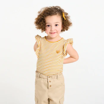 Baby girl's yellow striped textured T-shirt with ruffles