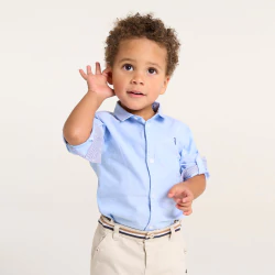 Baby boy’s blue cotton roll-up sleeve shirt