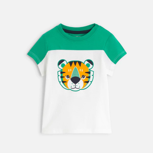 Baby boy's green and white colourblock tiger T-shirt