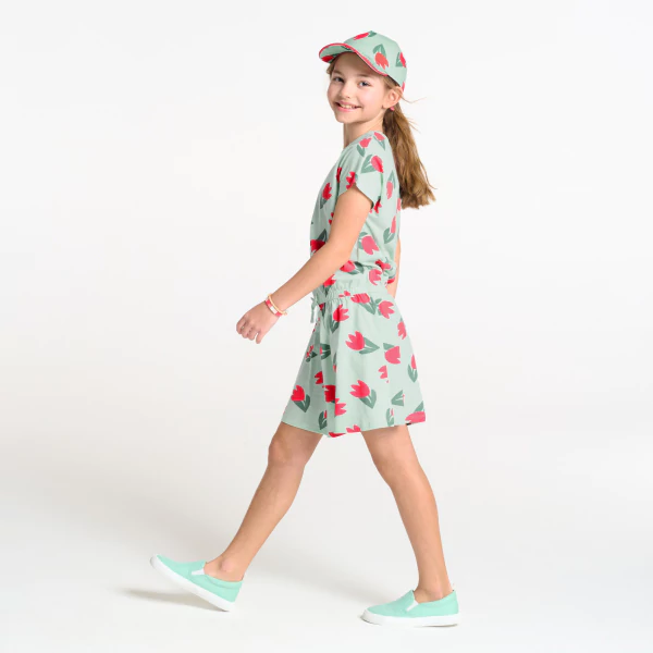 Girl's green tulip motif jersey T-shirt dress