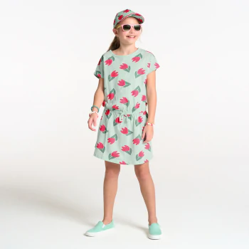 Girl's green tulip motif jersey T-shirt dress