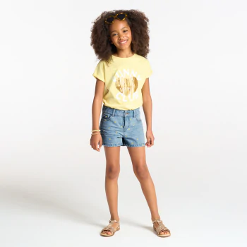 Girls blue denim shorts embroidered with lemons