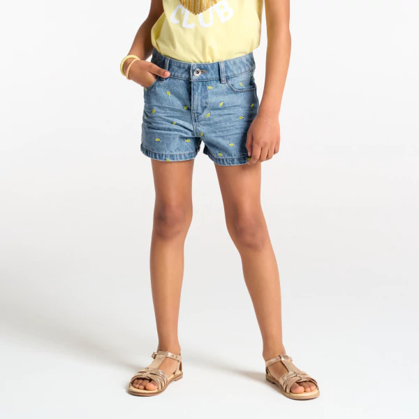 Girls blue denim shorts embroidered with lemons