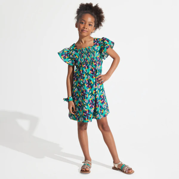 Girl's green printed smocked dress