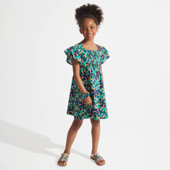 Girl's green printed smocked dress