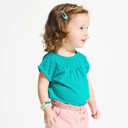 Baby girl's green two-fabric T-shirt with broderie anglaise