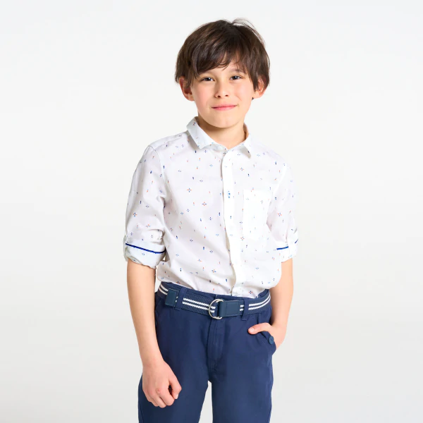 Boys' white printed long-sleeved shirt