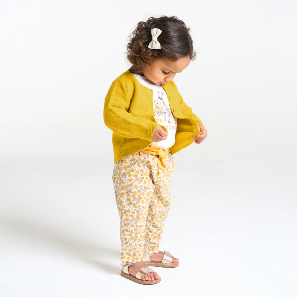 Yellow knitted cardigan with pointelle effect