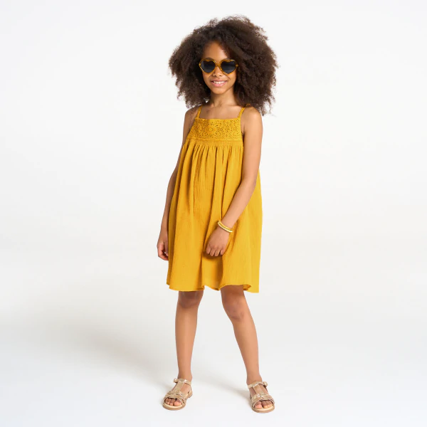 Girl's yellow crochet detail strappy dress