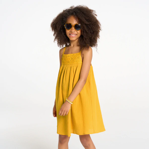 Girl's yellow crochet detail strappy dress