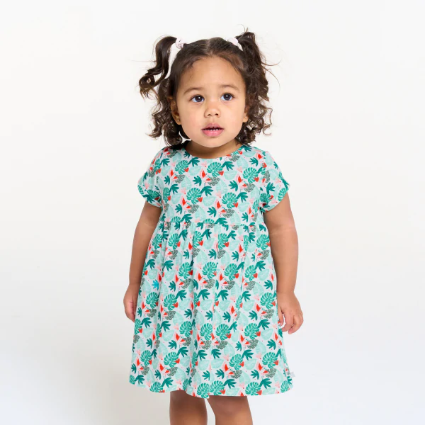 Baby girl's green tropical print jersey corron dress