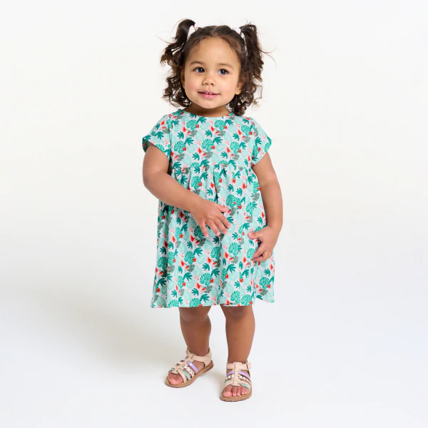 Baby girl's green tropical print jersey corron dress