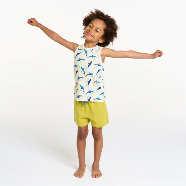 Boy's yellow shark motif shortie pyjamas