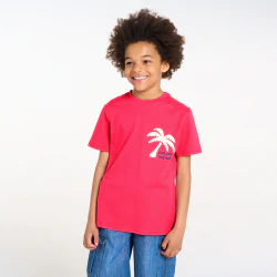 Boy's pink T-shirt with a slogan and palm tree motif on the front and back