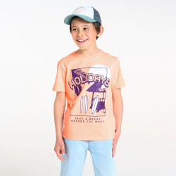 Boy's orange holiday motif T-shirt with short sleeves