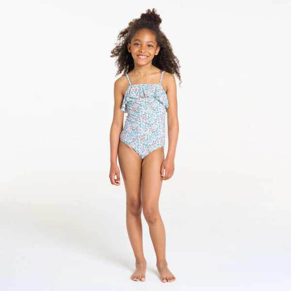 Girl's sky blue printed swimming costume